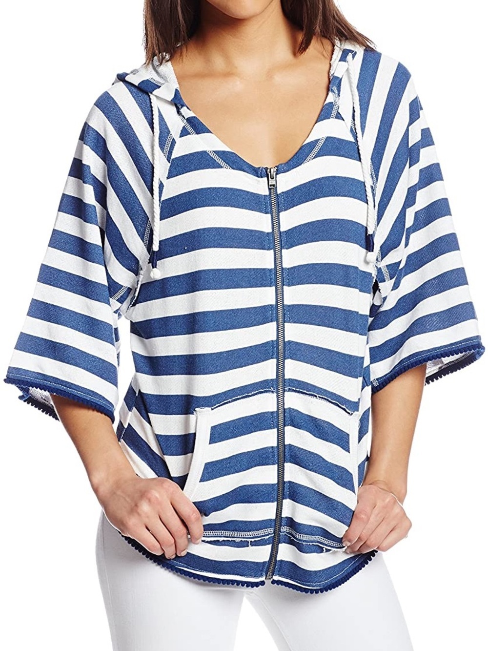 Roxy Striped Terry Cloth Hoodie Beach Cover Up Zip Front Poncho Top Coastal
